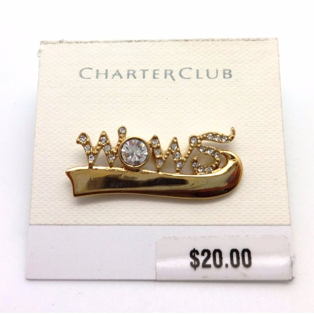 CHARTER CLUB "WOWS" Round Clear Crystal Goldtone Pin With Tie Tack Backings NEW